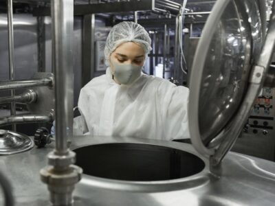 Portrait of young female worker wearing mask while operating mixing machine at clean food production factory, copy space