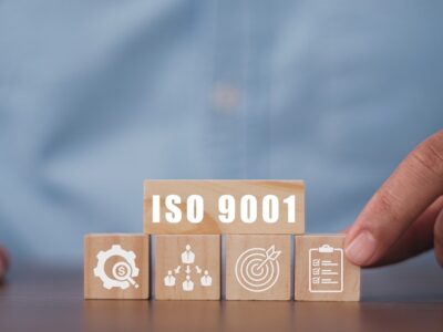 Businessman pressing his finger on the wooden cubes with the abbreviation ISO 9001. ISO quality control certification concept.